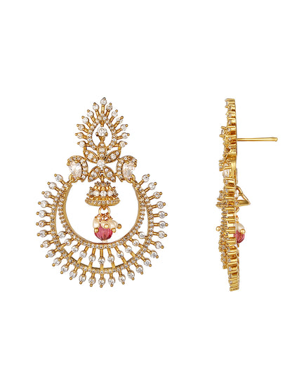 Gold-Plated CZ Studded Chandbali Earrings with Jhumka Drop