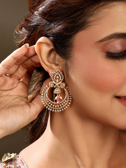 Gold-Plated CZ Studded Chandbali Earrings with Jhumka Drop