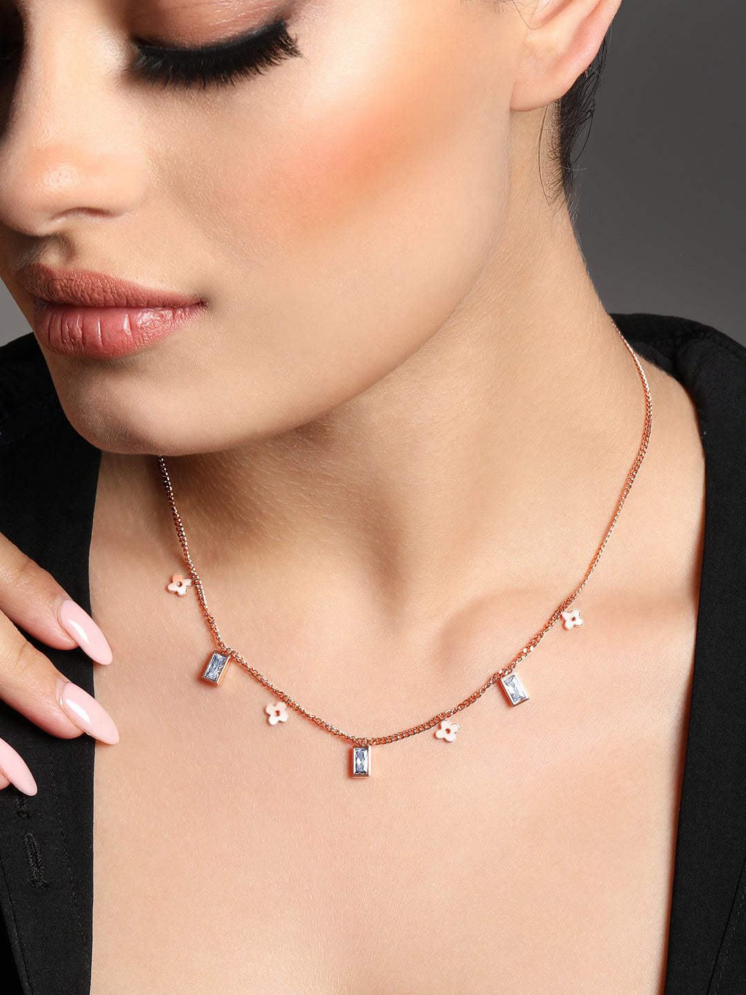 Rose Gold American Diamond Chain With Lobster Claw Clasp.