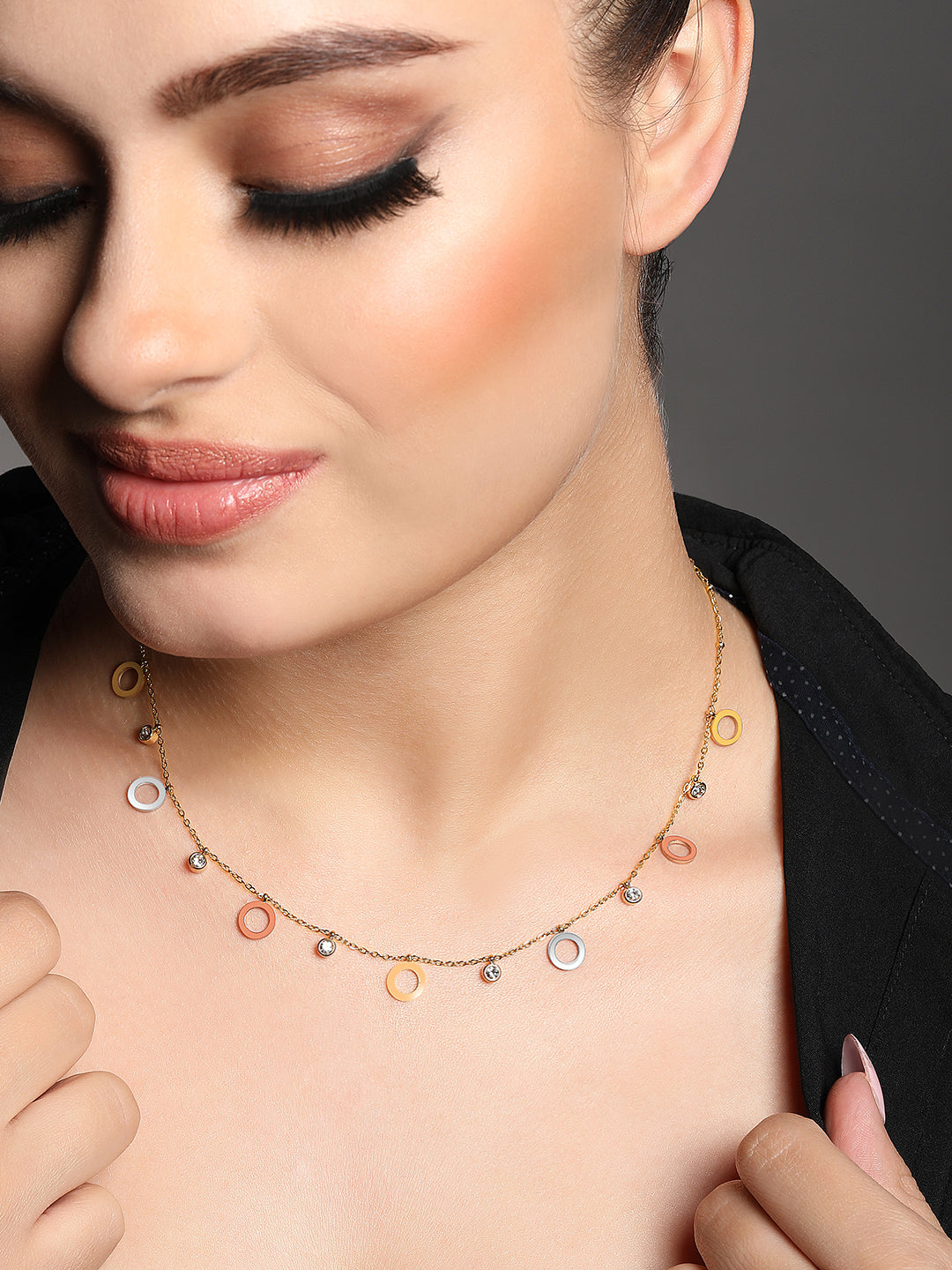 Gold Plated Brass Chain With American Diamond And Lobster Claw Clasp.