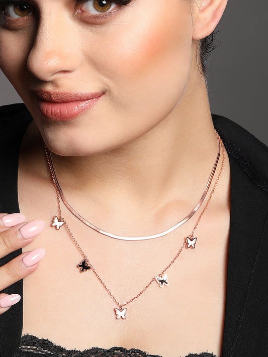 Rose Gold-Plated Butterfly And Floral Charm Chain