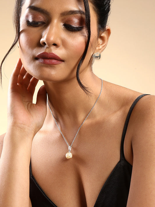 Contemporary Rhodium  Plated Pearl Charm Pendant With Chain For Women