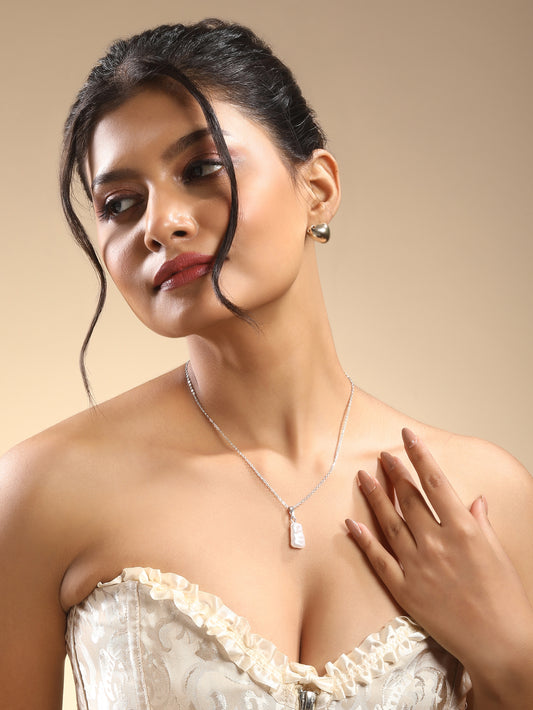 Contemporary Rhodium  Plated Pearl Charm Pendant With Chain For Women