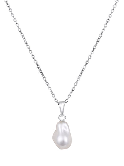 Contemporary Rhodium  Plated Pearl Charm Pendant With Chain For Women