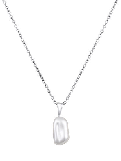 Contemporary Rhodium  Plated Pearl Charm Pendant With Chain For Women