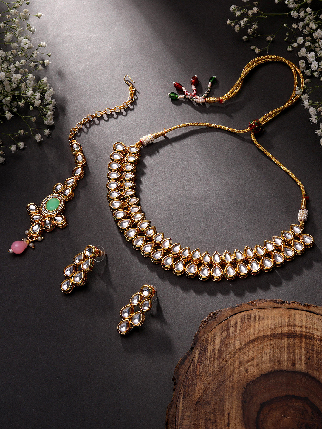 Gold-Plated Kundan Necklace Set With Drop Earring
