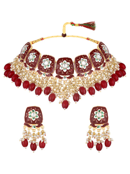 Gold-Plated Meenakari Kundan & Pear Necklace Set With Drop Earring