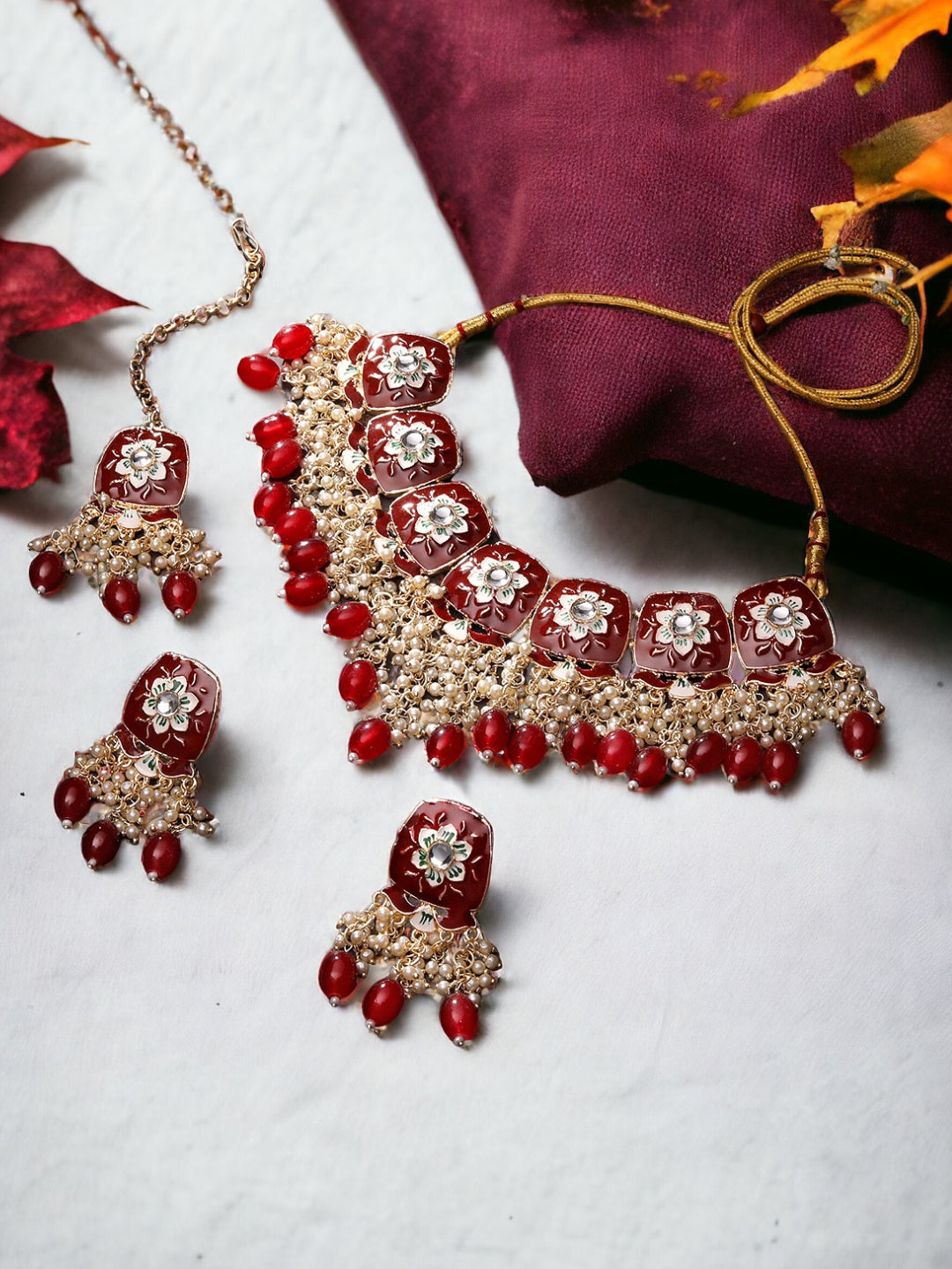 Gold-Plated Meenakari Kundan & Pear Necklace Set With Drop Earring