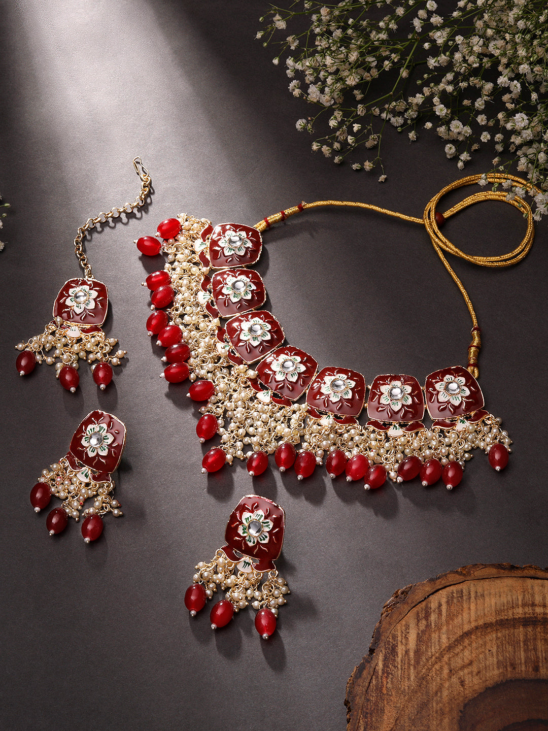 Gold-Plated Meenakari Kundan & Pear Necklace Set With Drop Earring