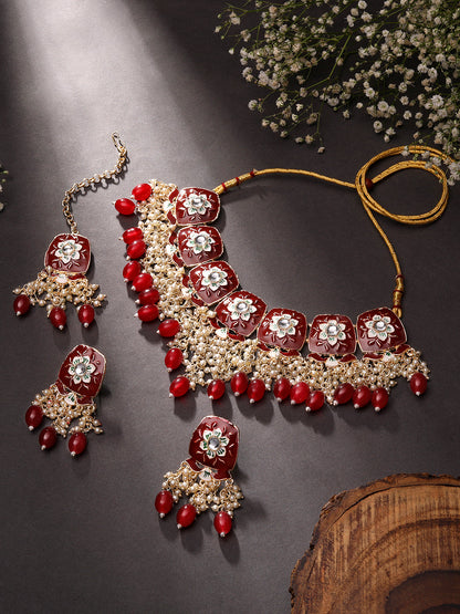 Gold-Plated Meenakari Kundan & Pear Necklace Set With Drop Earring