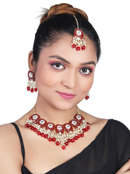 Gold-Plated Meenakari Kundan & Pear Necklace Set With Drop Earring