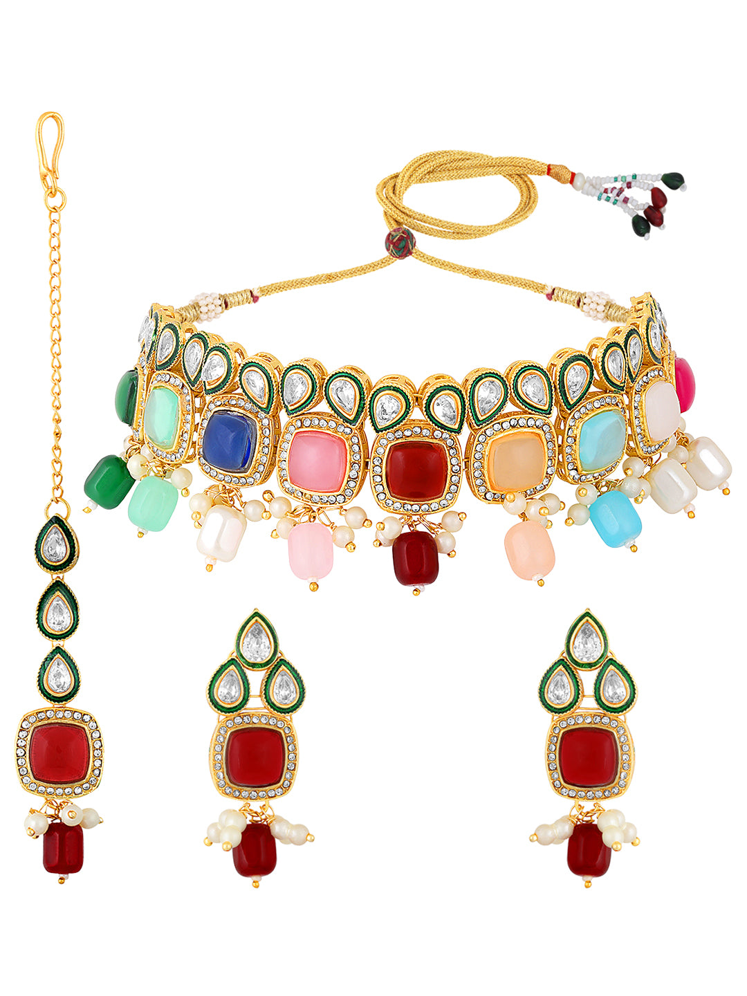 Multi Coloured Gold Toned Kundan Jewellery Set For Bride To Be