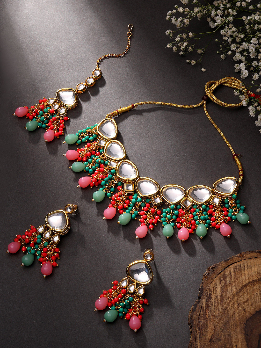 Gold Plated Kundan Studded Multicolor Ethnic Choker Necklace Set