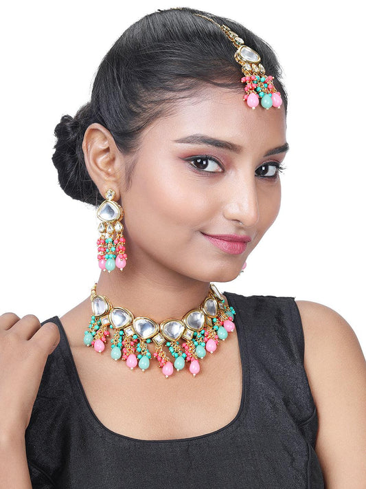 Gold Plated Kundan Studded Multicolor Ethnic Choker Necklace Set - ASMITTA Jewellery 