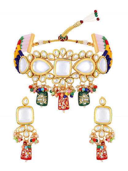 Gold-Plated Multicolor Glass Pearl Dangle Earrings With Necklace Set