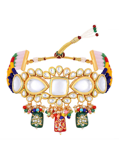 Gold-Plated Multicolor Glass Pearl Dangle Earrings With Necklace Set