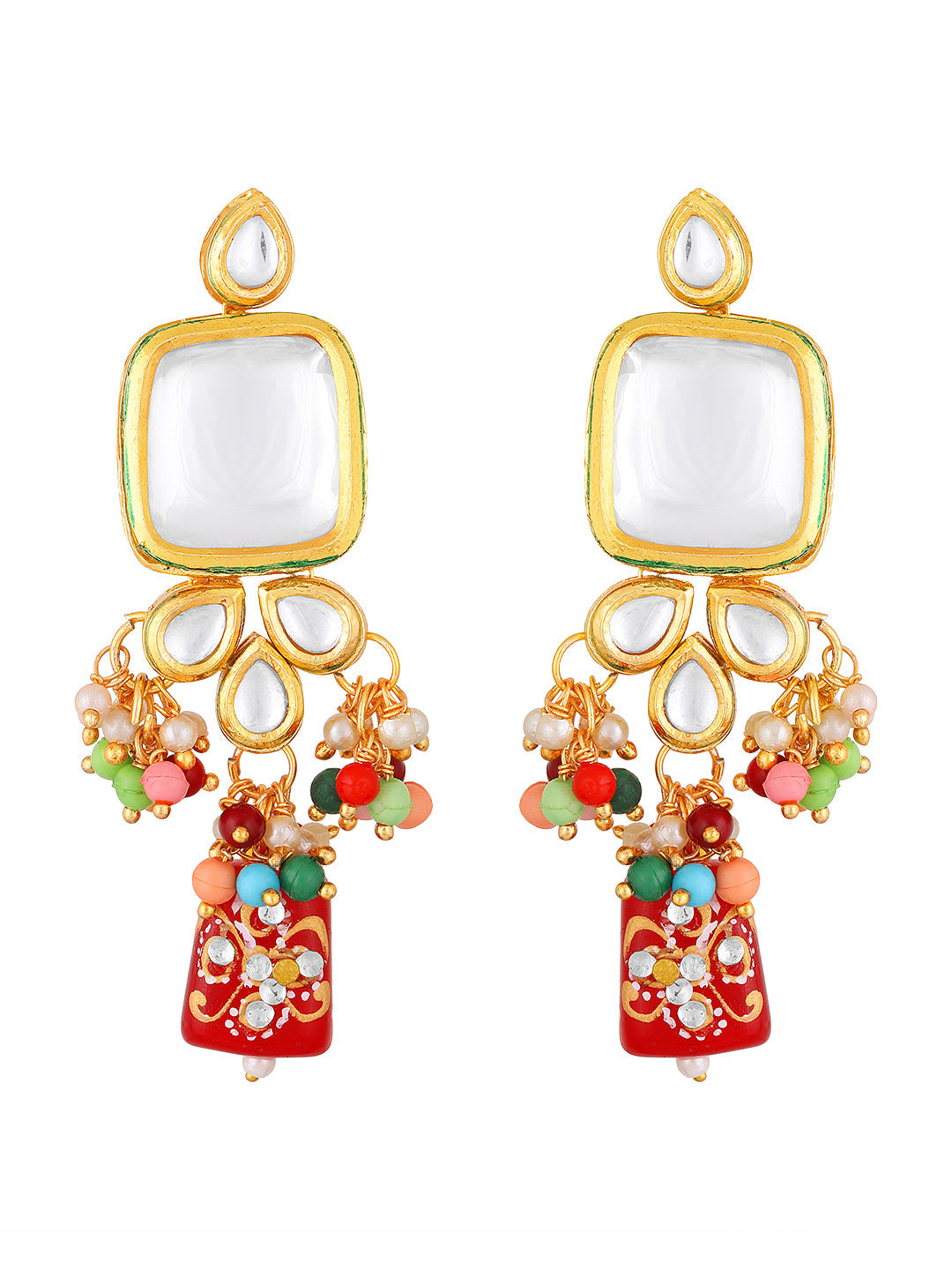 Gold-Plated Multicolor Glass Pearl Dangle Earrings With Necklace Set