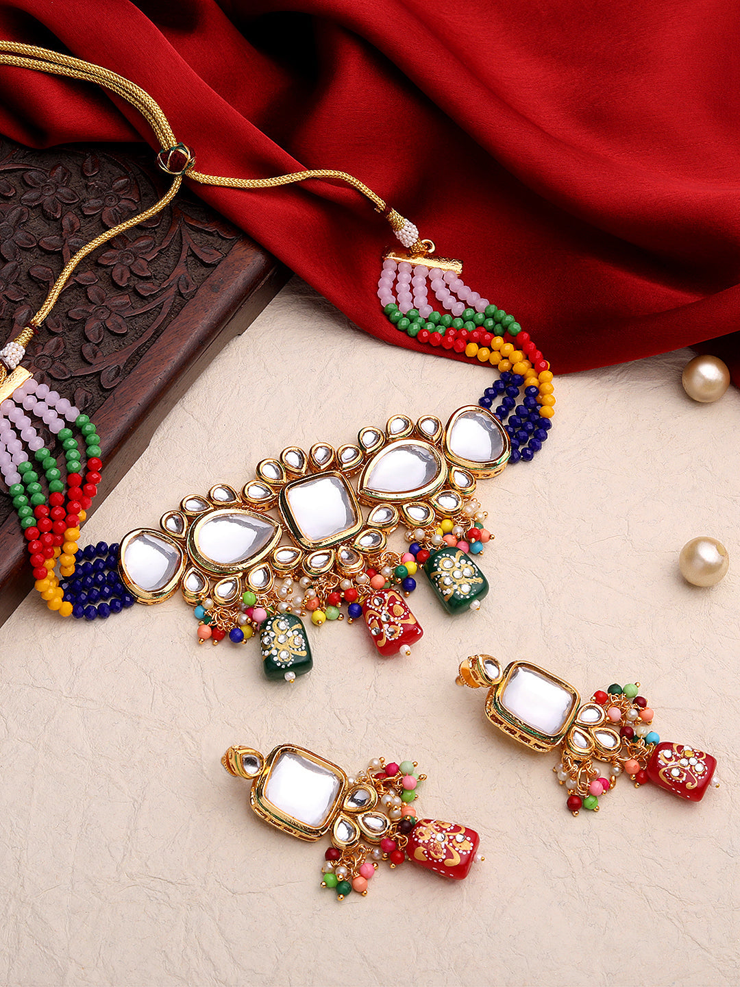 Gold-Plated Multicolor Glass Pearl Dangle Earrings With Necklace Set