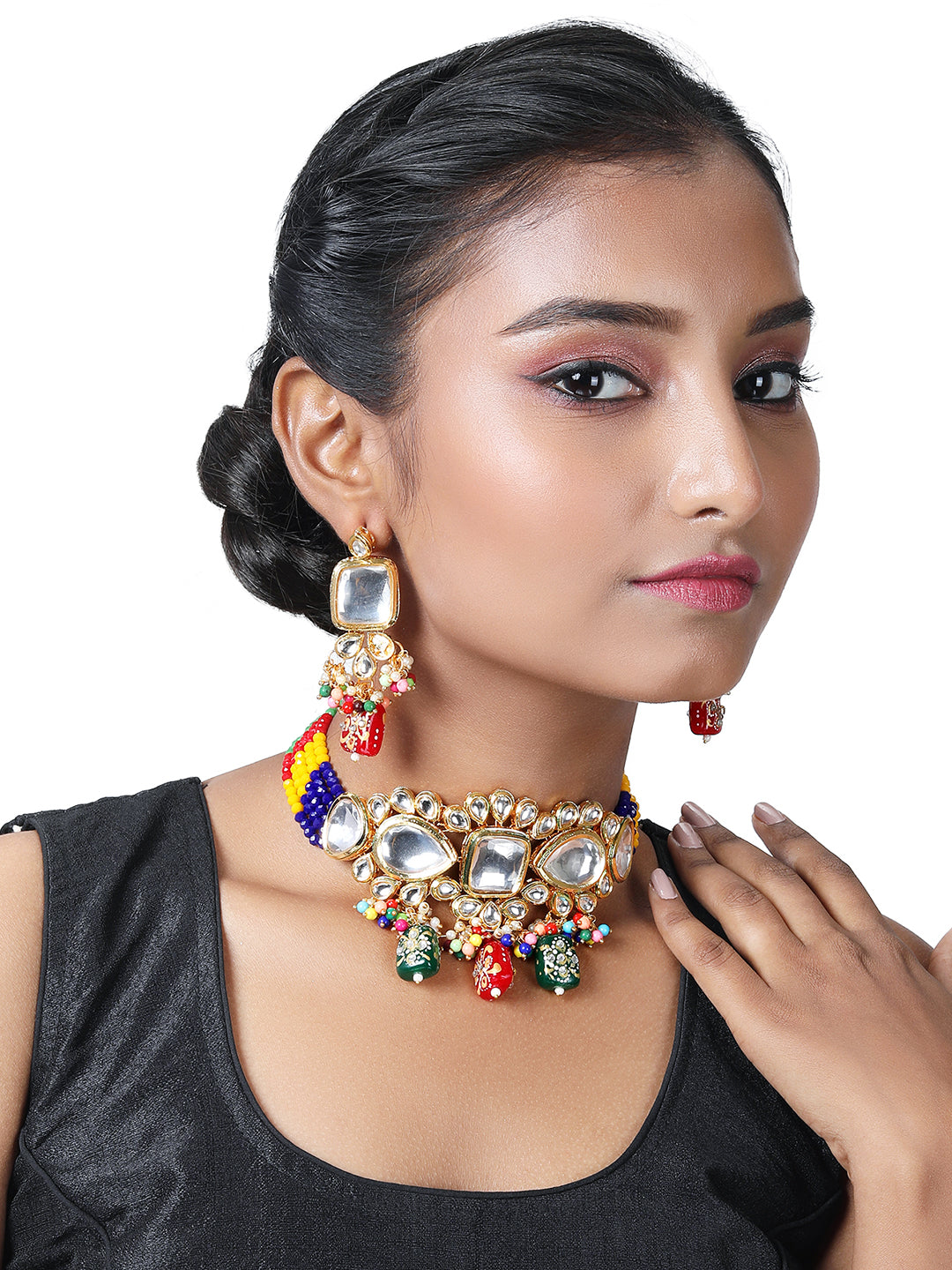 Gold-Plated Multicolor Glass Pearl Dangle Earrings With Necklace Set