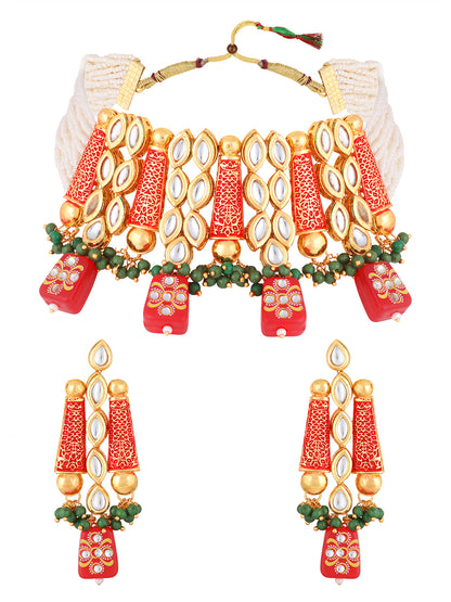 Gold Plated Kundan Studded Pearl Beaded Multicolor Ethnic Choker Jewellery Set