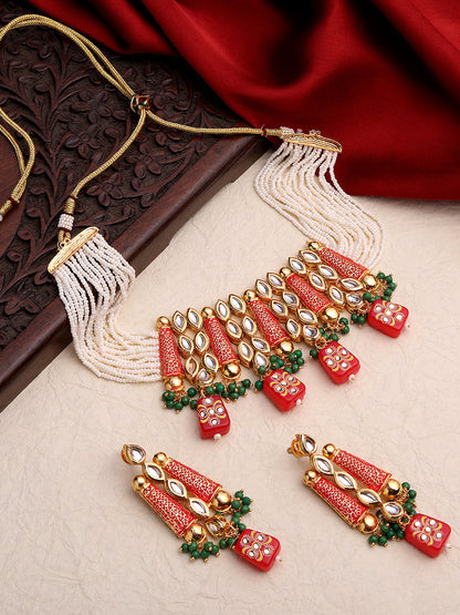 Gold Plated Kundan Studded Pearl Beaded Multicolor Ethnic Choker Jewellery Set