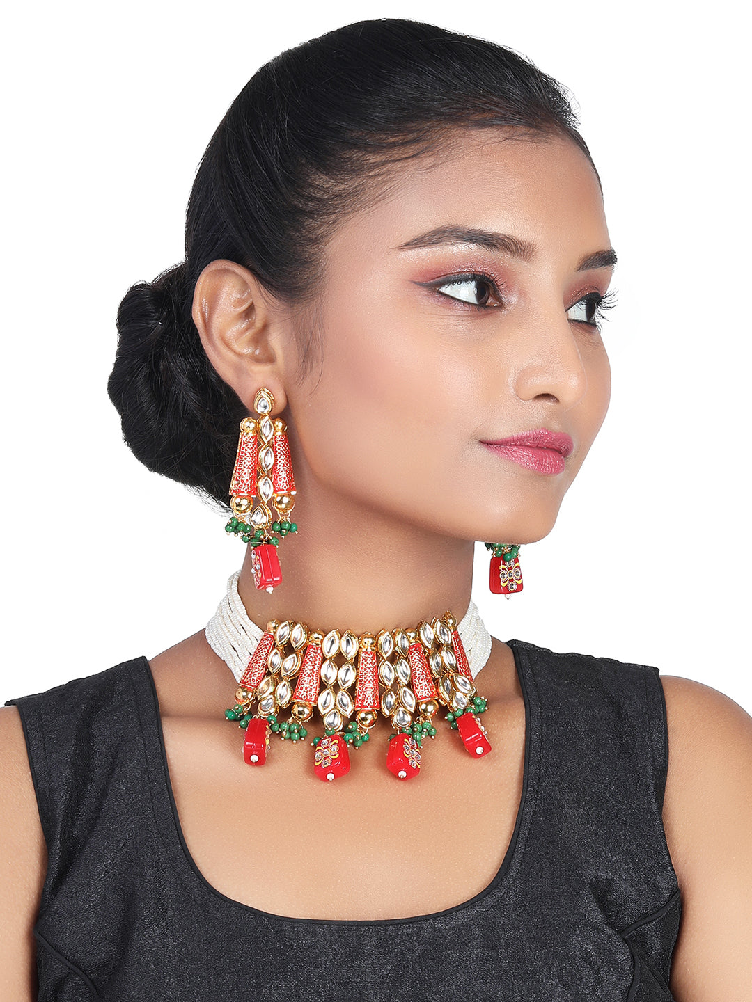 Gold Plated Kundan Studded Pearl Beaded Multicolor Ethnic Choker Jewellery Set