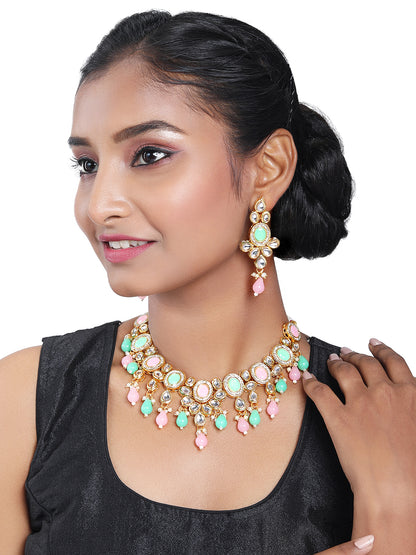 Gold Plated Kundan Studded Multicolor Ethnic Choker Jewellery Set