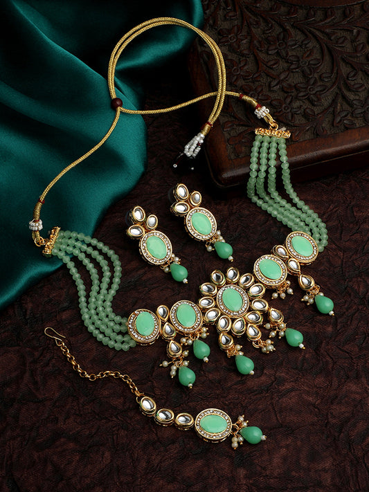 Gold Plated Kundan Studded Pearl Beaded Ethnic Choker Jewellery Set