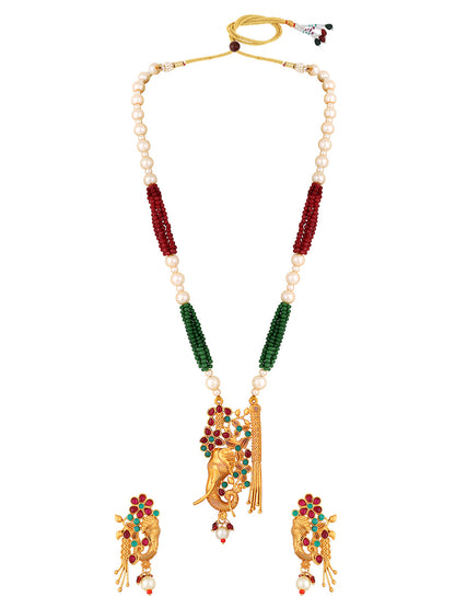 Gold-Plated Multicolor Pearl Drop Earring With Necklace Set