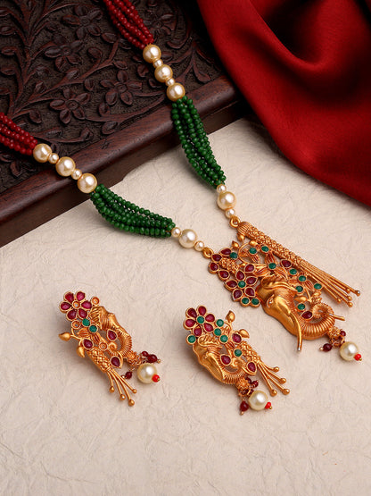 Gold-Plated Multicolor Pearl Drop Earring With Necklace Set