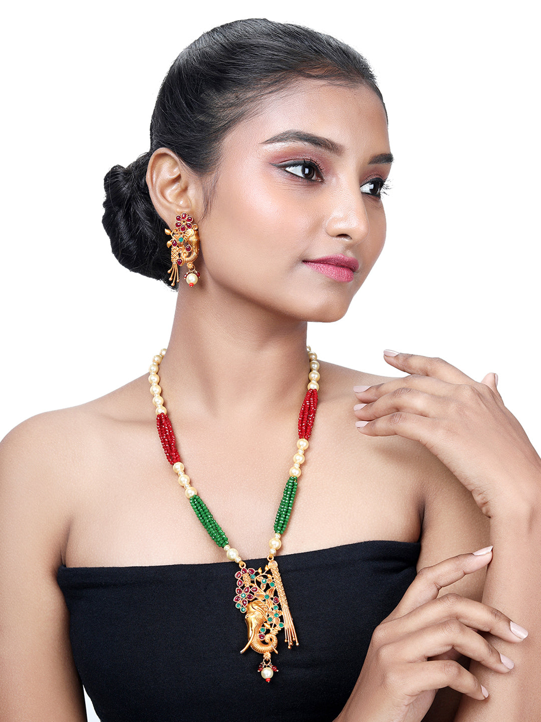 Gold-Plated Multicolor Pearl Drop Earring With Necklace Set