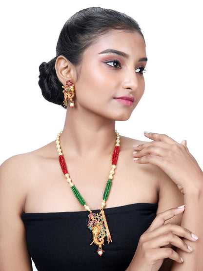 Gold-Plated Multicolor Pearl Drop Earring With Necklace Set
