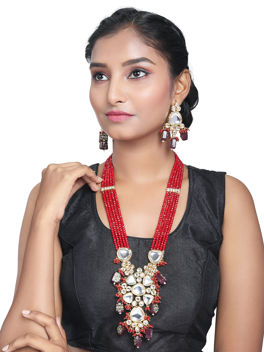 Gold-Plated Kundan Pearl Necklace Set With Jhumka Earring