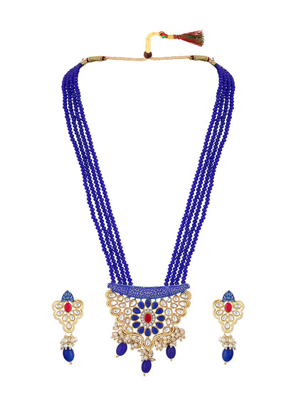 Gold-Plated Kundan Pearl Necklace Set With Dangle Earrings