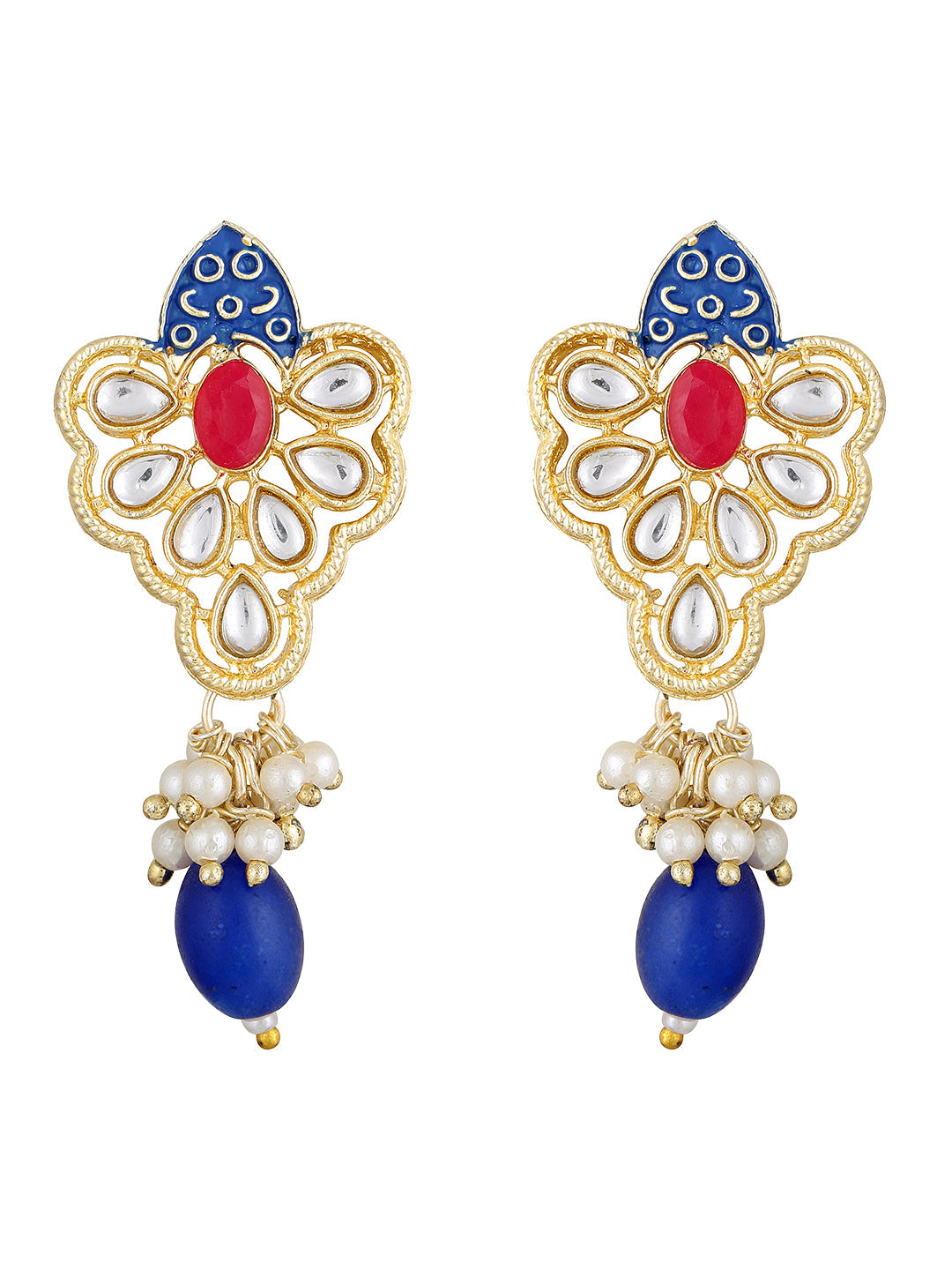 Gold-Plated Kundan Pearl Necklace Set With Dangle Earrings