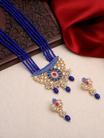 Gold-Plated Kundan Pearl Necklace Set With Dangle Earrings