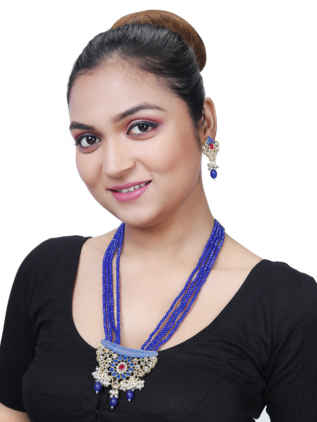 Gold-Plated Kundan Pearl Necklace Set With Dangle Earrings