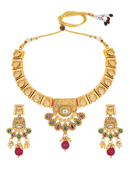 Gold-Plated Multicolor Kundan Pearl Dangle Earrings With Necklace Set