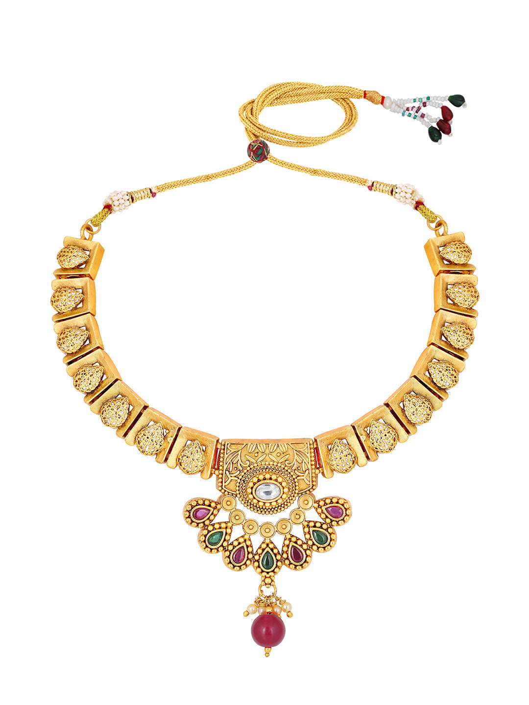 Gold-Plated Multicolor Kundan Pearl Dangle Earrings With Necklace Set