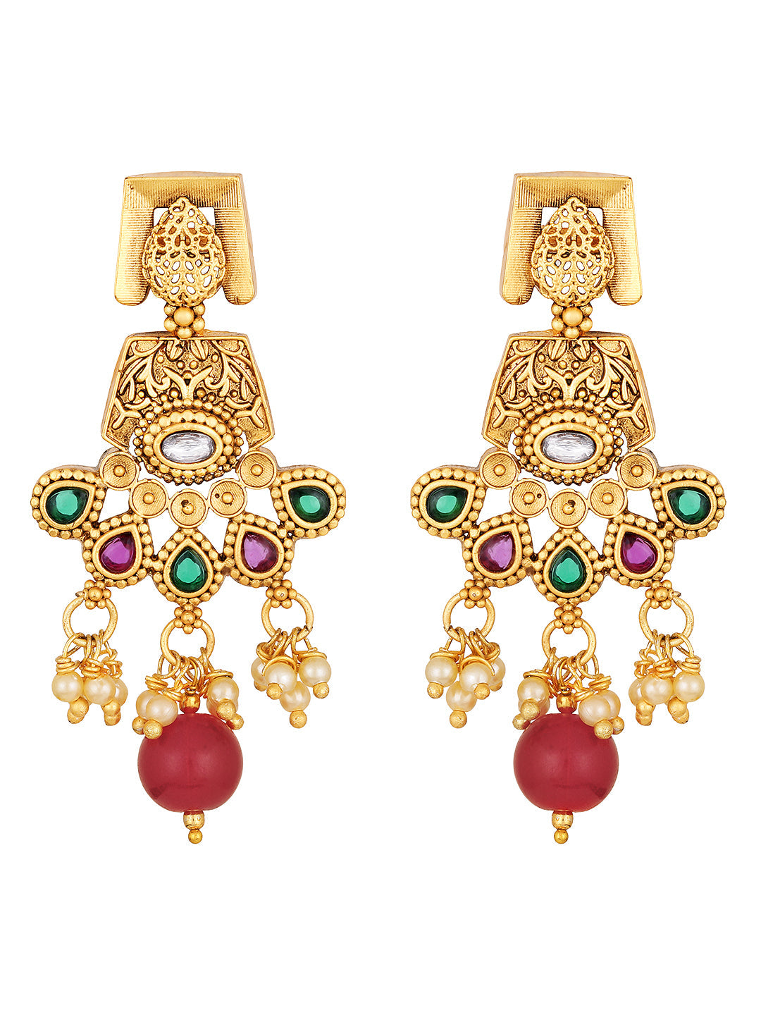 Gold-Plated Multicolor Kundan Pearl Dangle Earrings With Necklace Set
