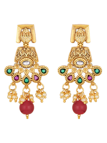 Gold-Plated Multicolor Kundan Pearl Dangle Earrings With Necklace Set