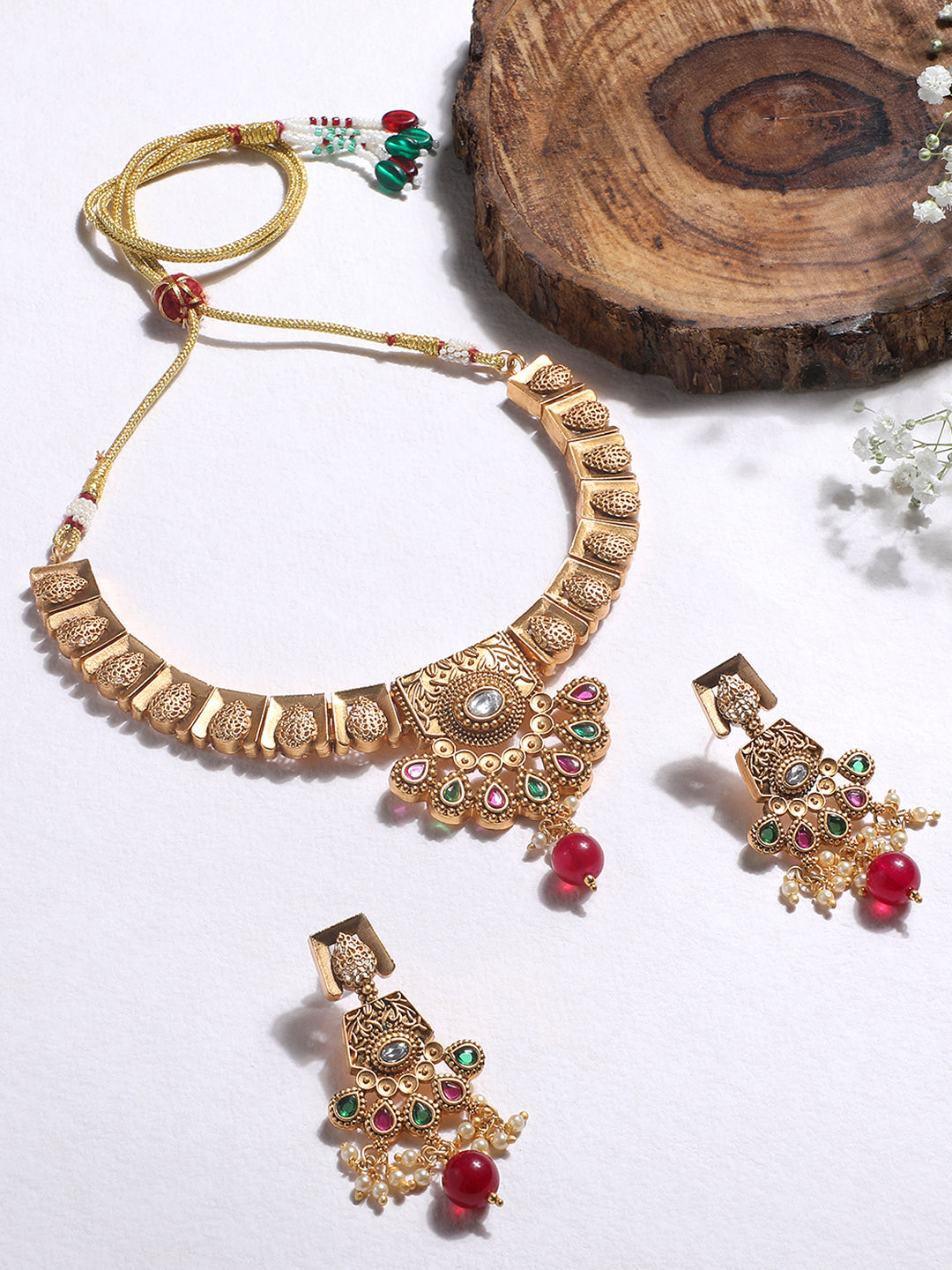 Gold-Plated Multicolor Kundan Pearl Dangle Earrings With Necklace Set