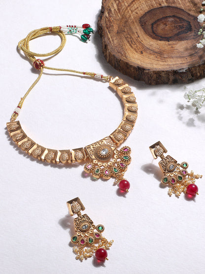 Gold-Plated Multicolor Kundan Pearl Dangle Earrings With Necklace Set