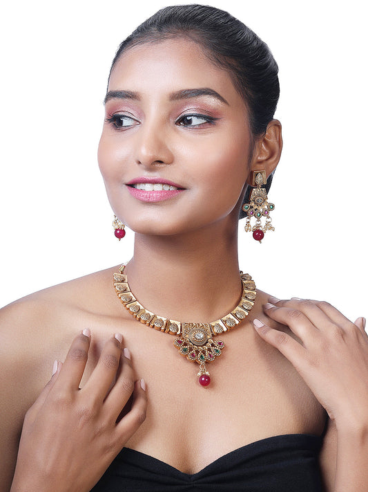 Gold-Plated Multicolor Kundan Pearl Dangle Earrings With Necklace Set