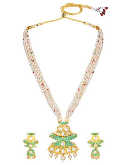 Gold-Plated Kundan Pearl Necklace Set With Dangle Earrings