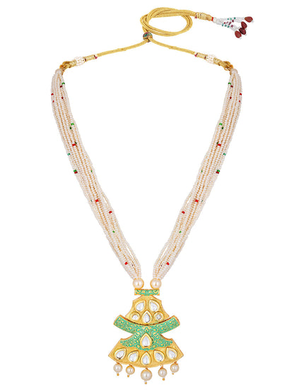 Gold-Plated Kundan Pearl Necklace Set With Dangle Earrings
