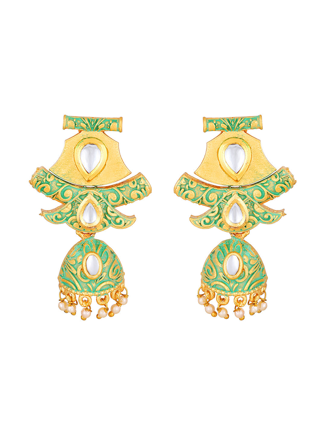 Gold-Plated Kundan Pearl Necklace Set With Dangle Earrings