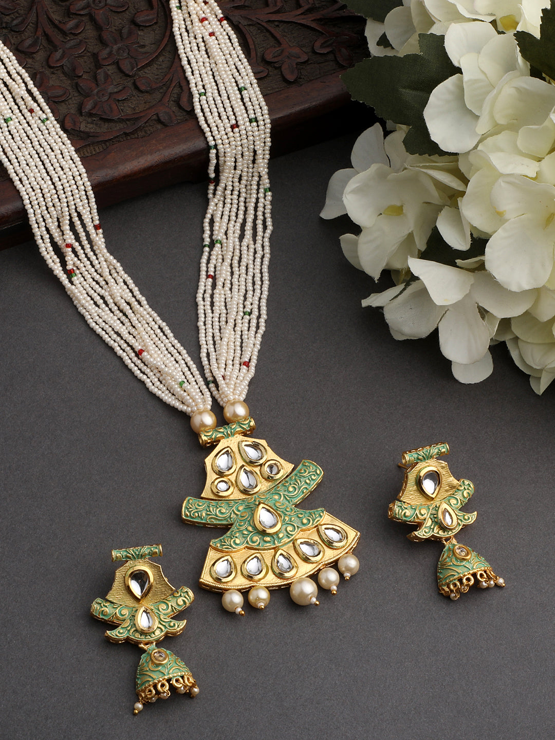Gold-Plated Kundan Pearl Necklace Set With Dangle Earrings