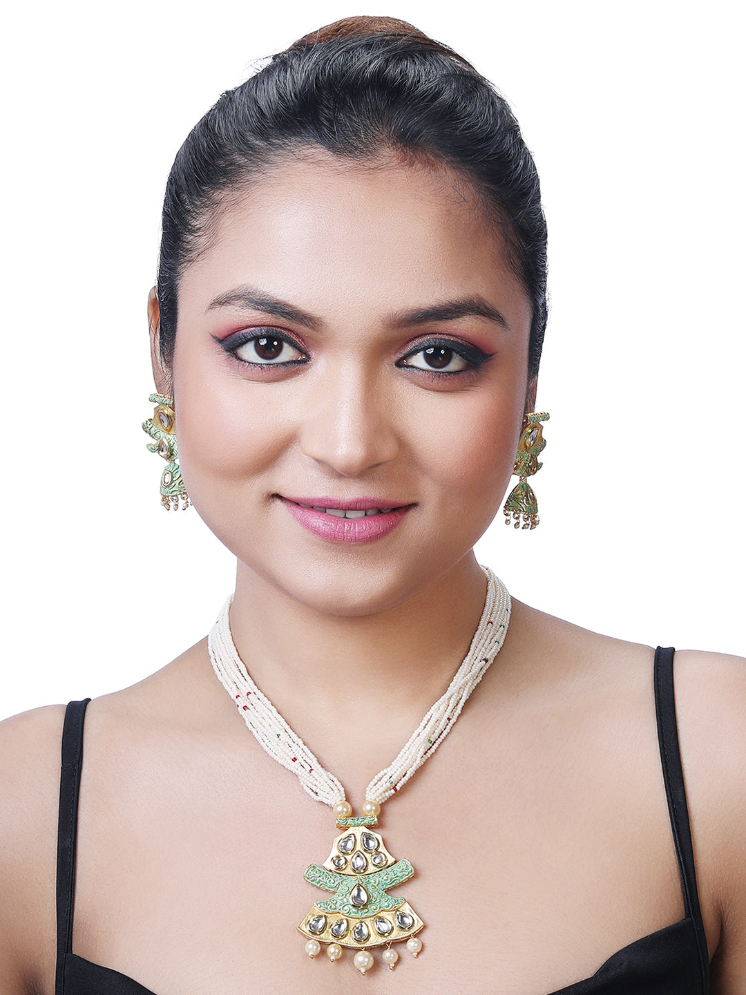 Gold-Plated Kundan Pearl Necklace Set With Dangle Earrings