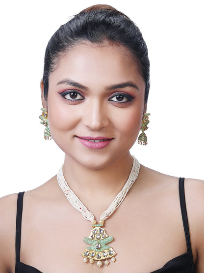 Gold-Plated Kundan Pearl Necklace Set With Dangle Earrings